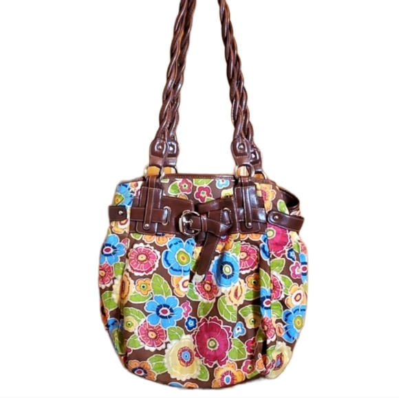 Rosetti Handbags - ROSETTI BROWN PU LEATHER & FLORAL FABRIC SHOULDER BAG